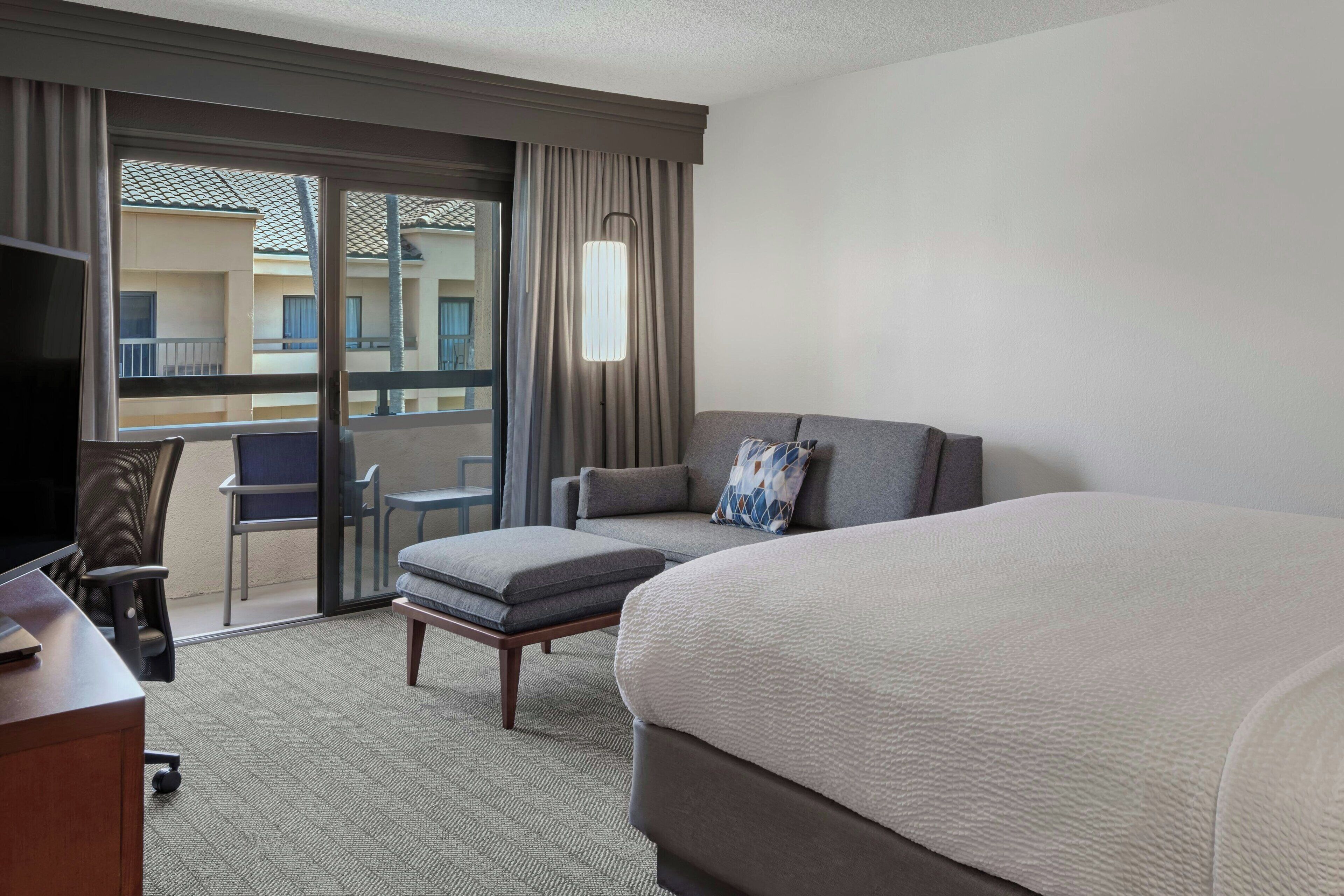 desk, laptop workspace, blackout curtains, iron/ironing board