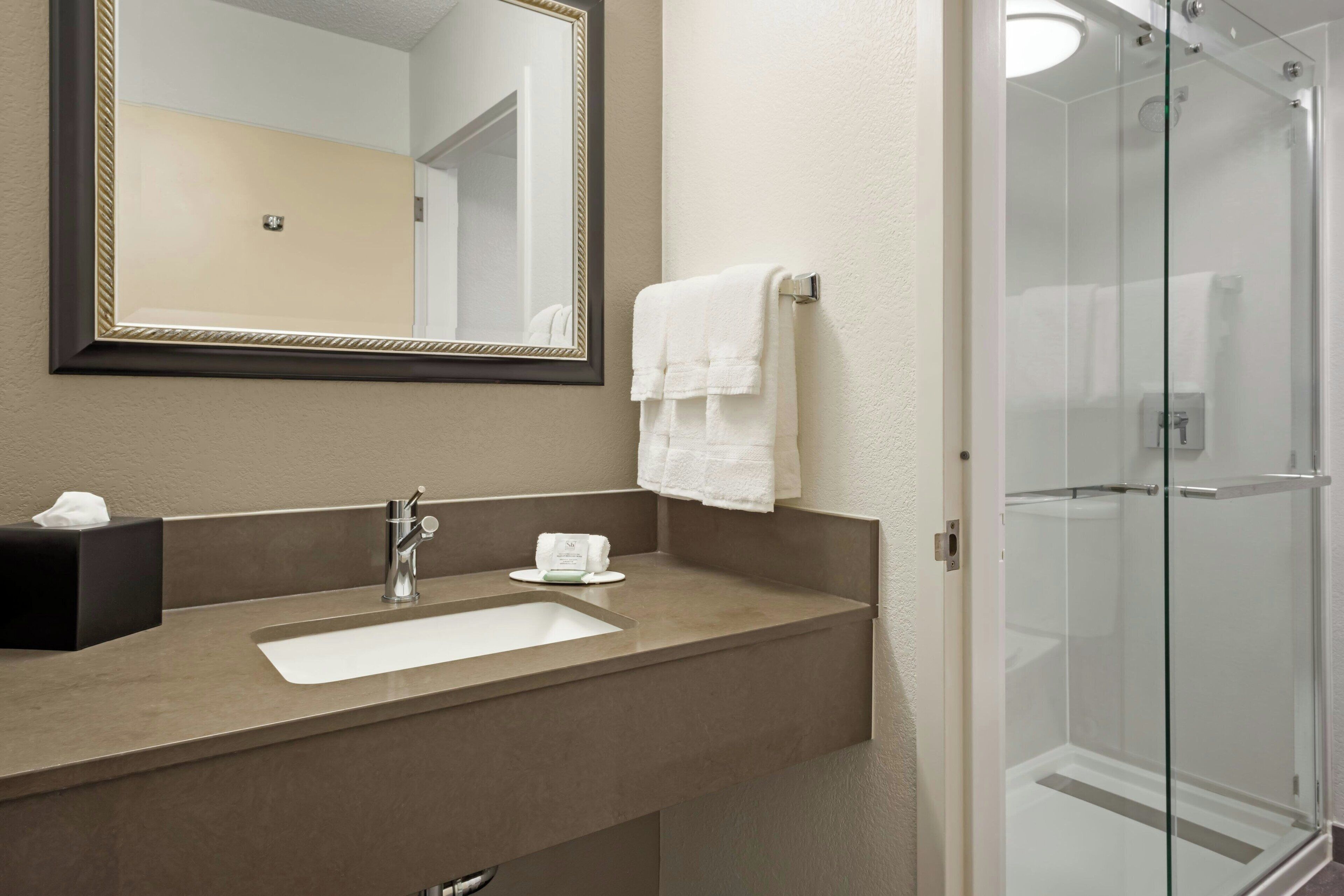 combined shower/bathtub, free toiletries, hair dryer, towels