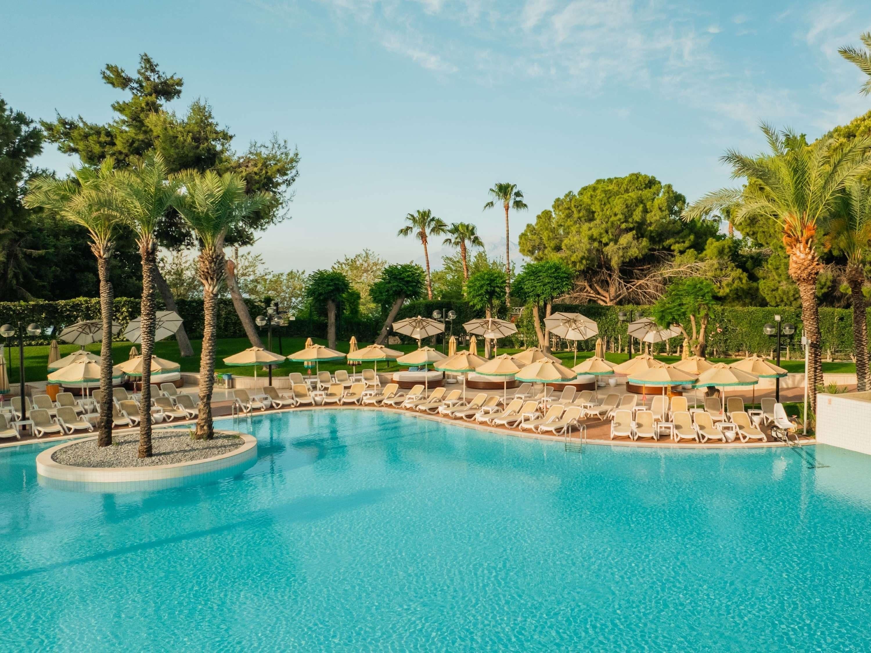 A pool area with lounge chairs and umbrellas, surrounded by trees.