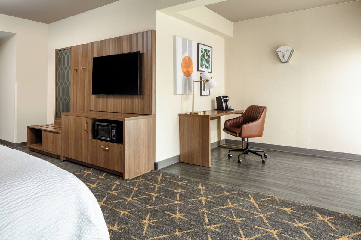 A hotel room with a bed, a TV, a desk with a chair, and a microwave.