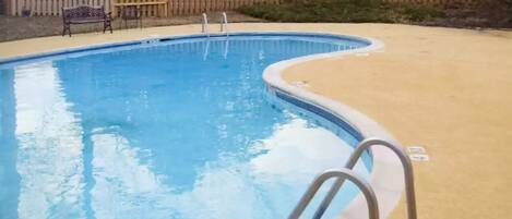 Una piscina con borde curvo, una cerca de madera al fondo y un banco a la izquierda.