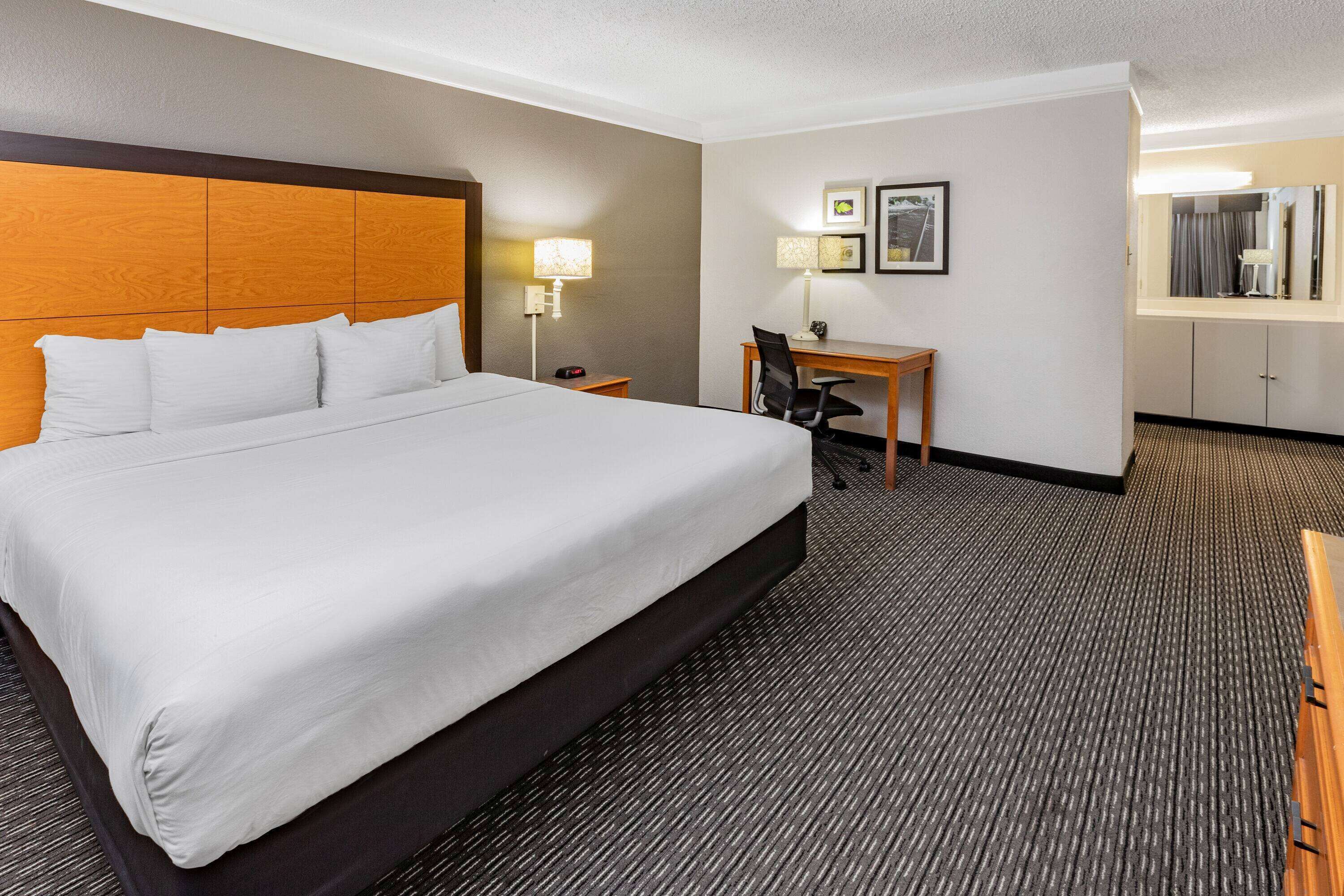 A hotel room with a large bed, a desk, a chair, a nightstand, and a mirror.