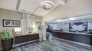 A modern kitchen with a wooden floor, dark cabinetry, a large island, and a decorative wall with a lotus flower. - La Quinta Inn by Wyndham Laredo I-35 (Laredo)