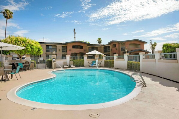 Outdoor pool, pool umbrellas, sun loungers