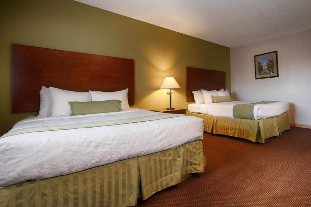 A hotel room with two beds, a nightstand with a lamp, and a framed picture on the wall.