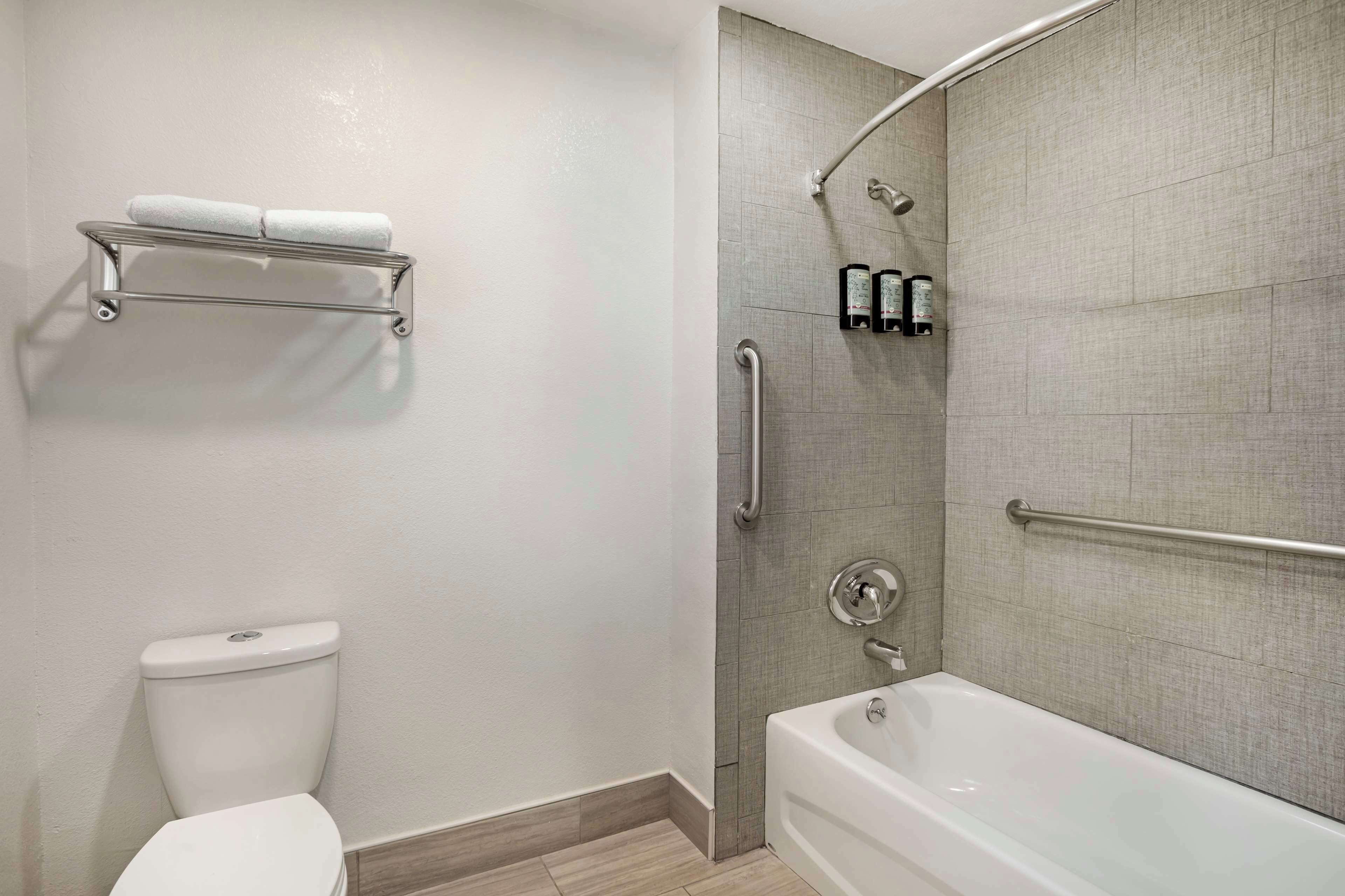 Ein Badezimmer mit Toilette, einer Dusche inklusive Haltegriffen und einer Badewanne.