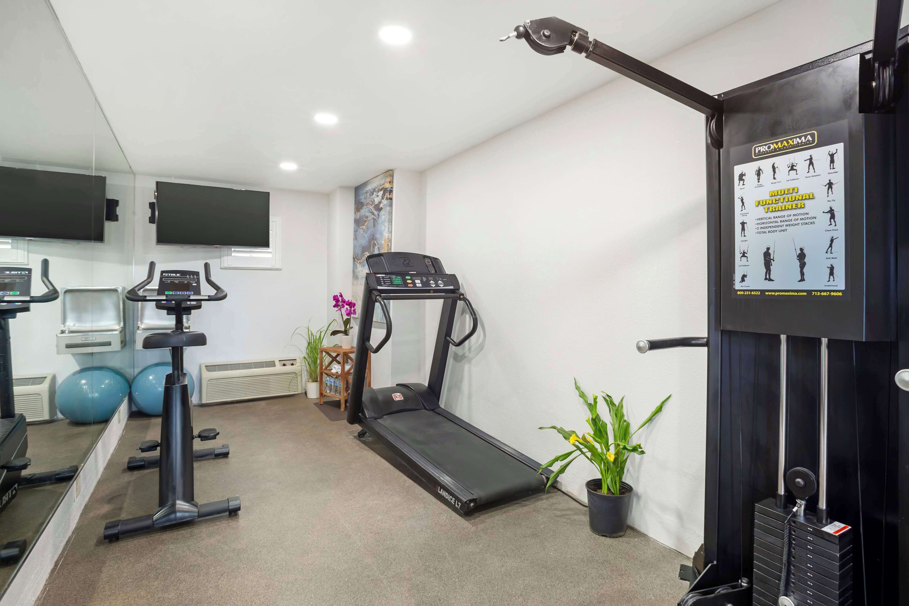 A gym with treadmills, exercise balls, and a wall-mounted TV.