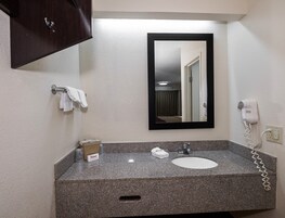 Baño con encimera de granito, lavamanos blanco, secador de pelo y caja de pañuelos Red Roof.