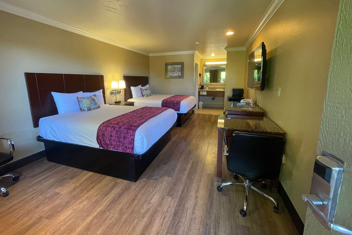 Quarto de hotel com duas camas, uma escrivaninha, uma cadeira, televisão e banheiro visível ao fundo.
