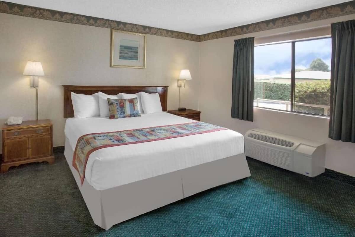 Quarto de hotel com uma cama grande, duas mesas de cabeceira, uma janela com cortinas, ar condicionado fixado na parede e um quadro emoldurado acima da cama.