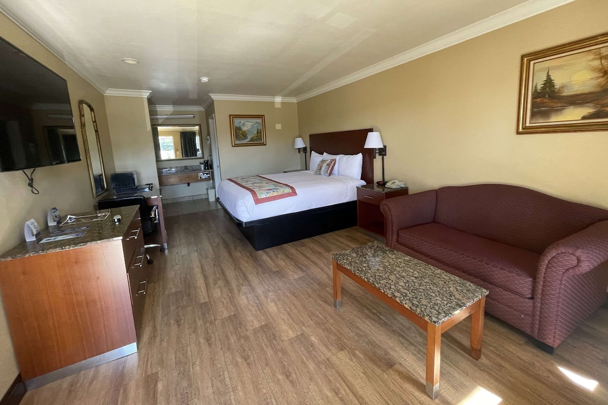 Quarto de hotel com cama, sofá, escrivaninha e televisão.