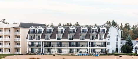 On the beach, sun loungers, beach towels