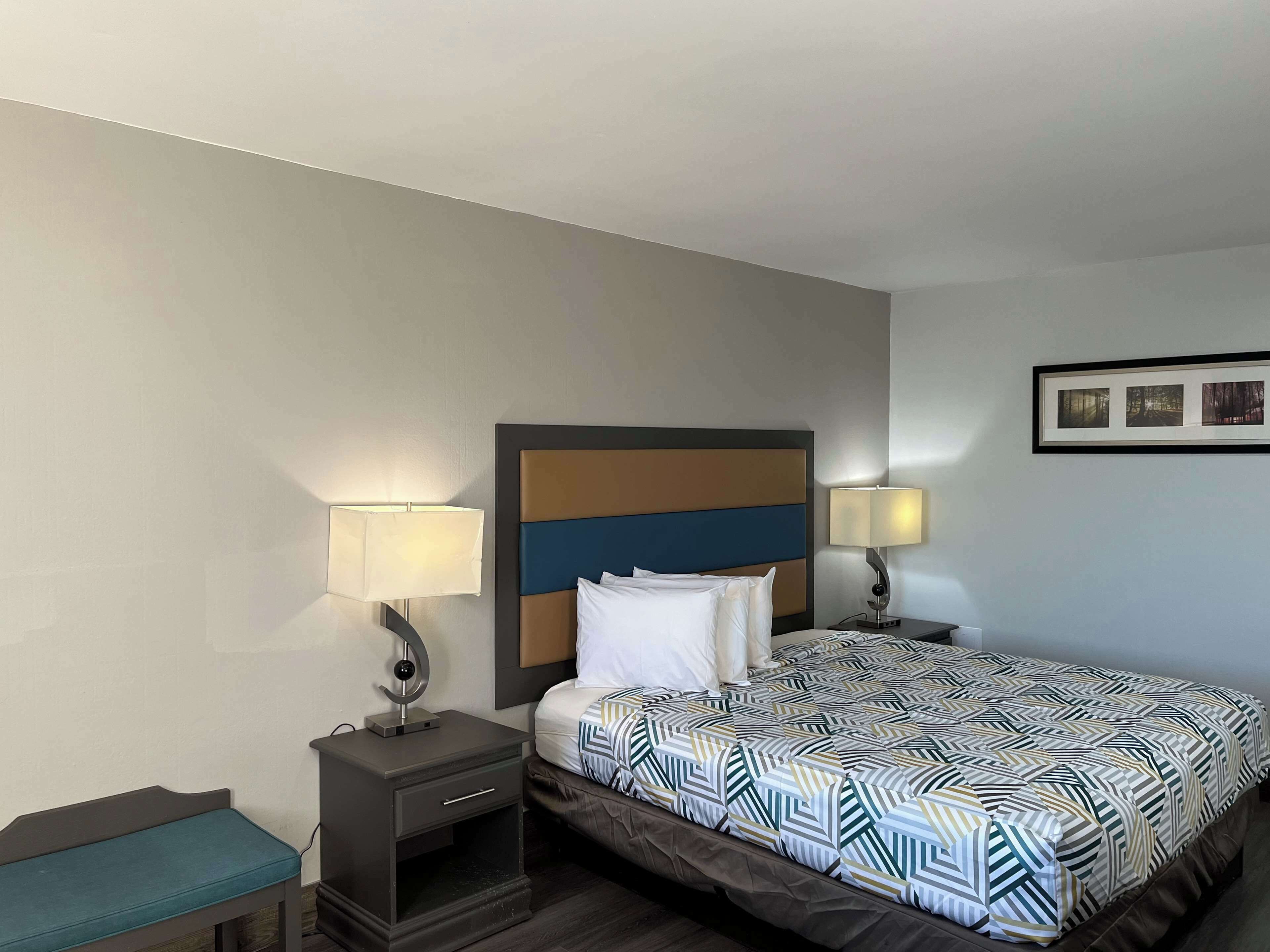Una habitación de hotel con una cama, mesitas de noche, lámparas y un cuadro en la pared.