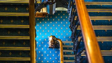 A staircase with a blue patterned carpet and wooden balusters.