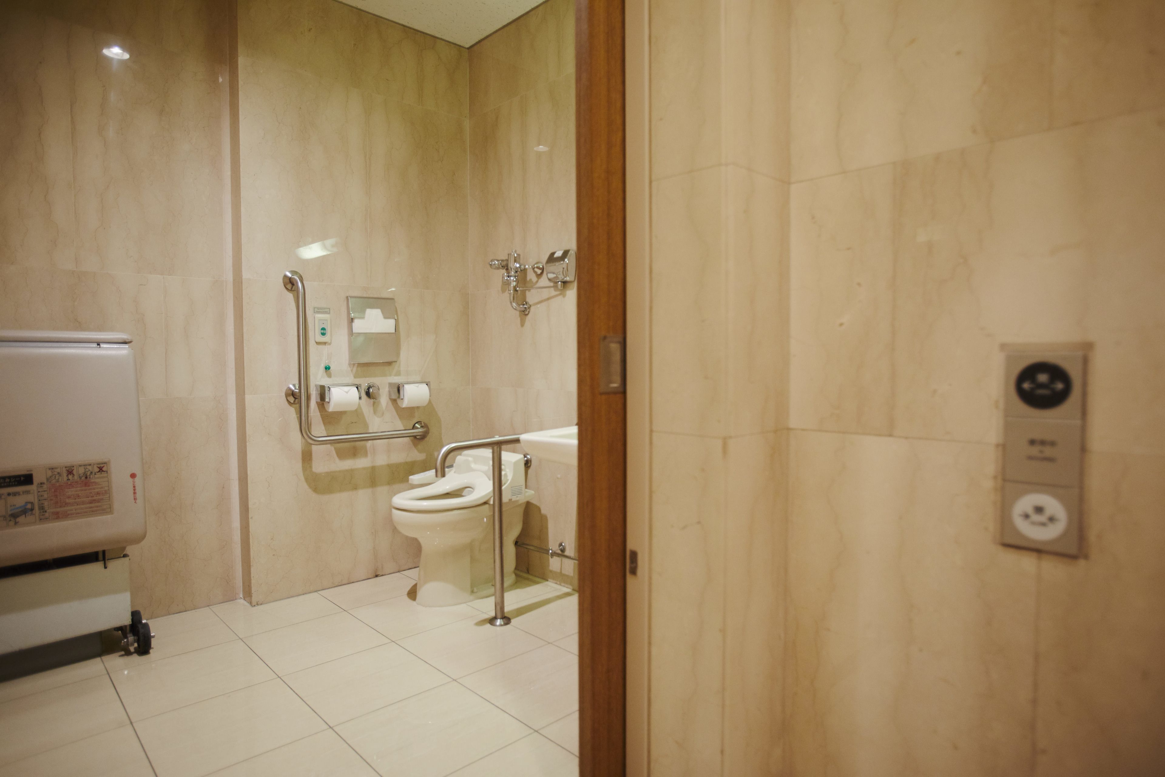 A bathroom with a toilet, sink, and handrails.