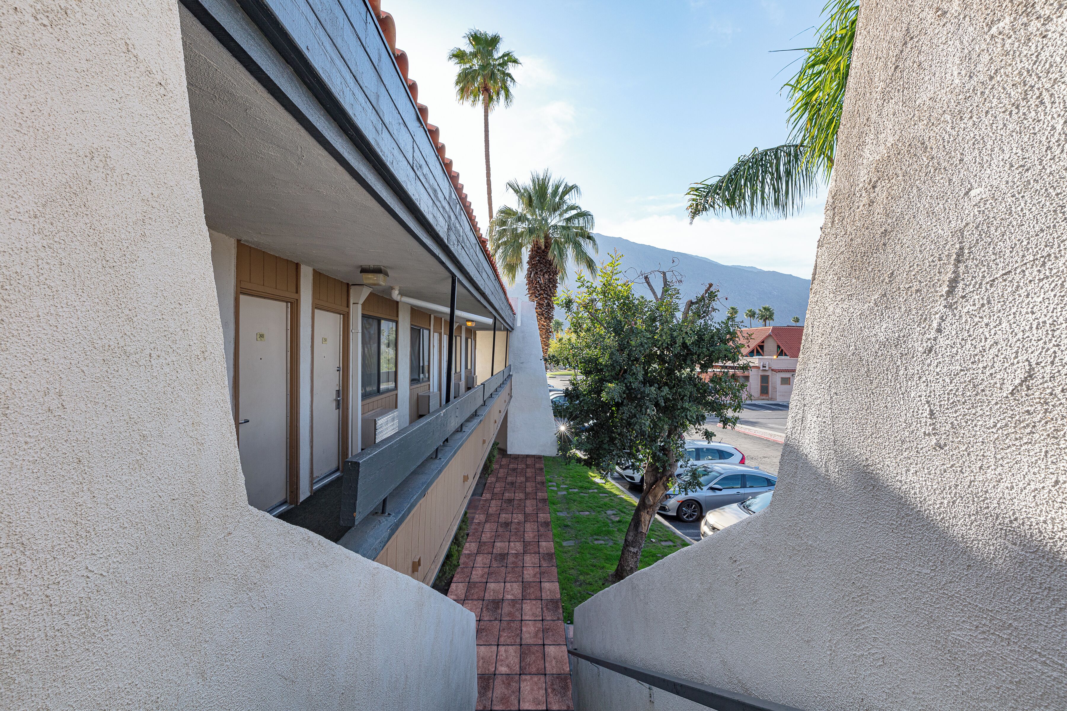 A narrow corridor with a tiled walkway, a palm tree, and parked cars in the background.