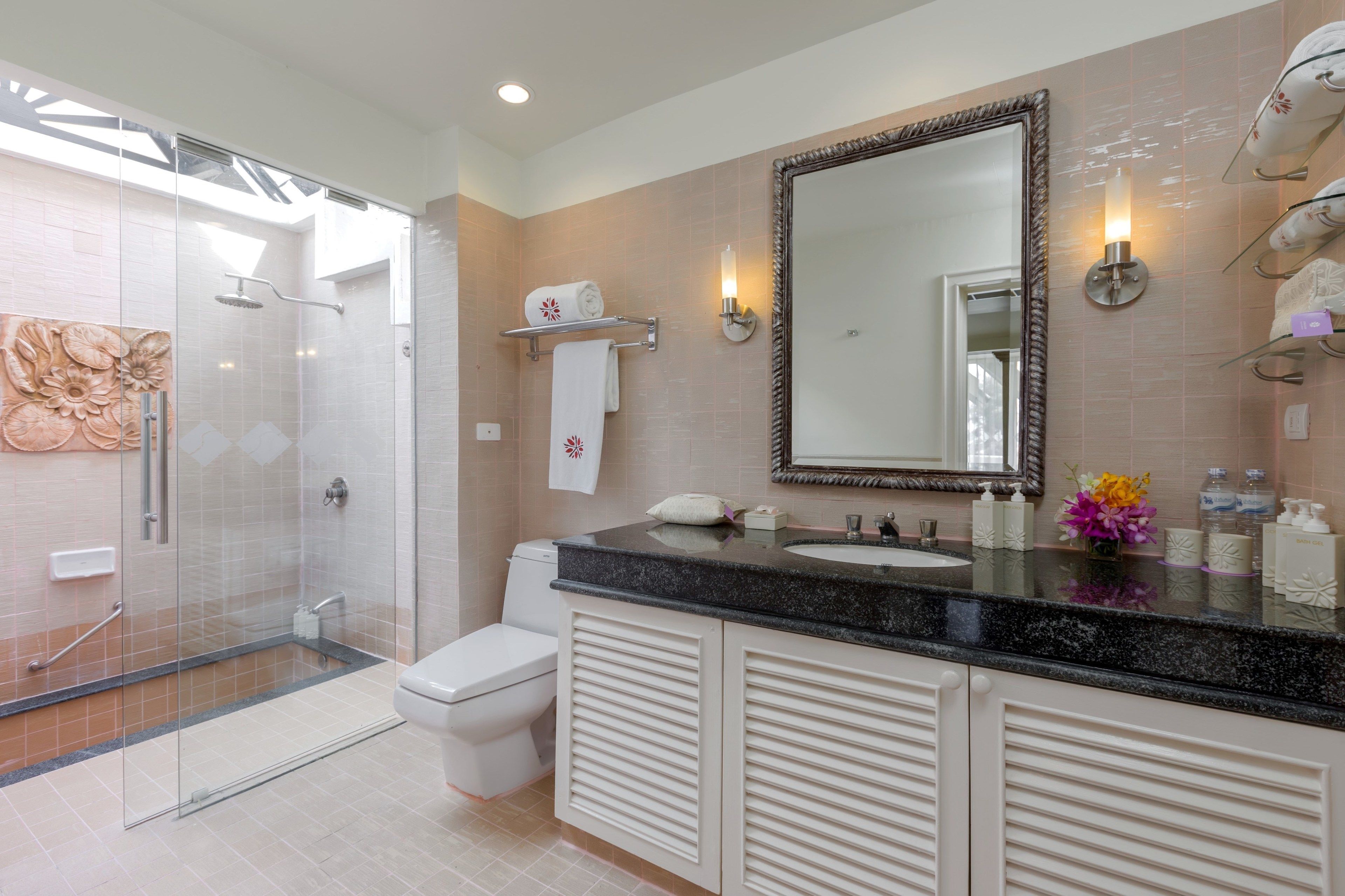 A modern bathroom with a glass-enclosed shower, a toilet, a vanity with a large mirror, and a sink.