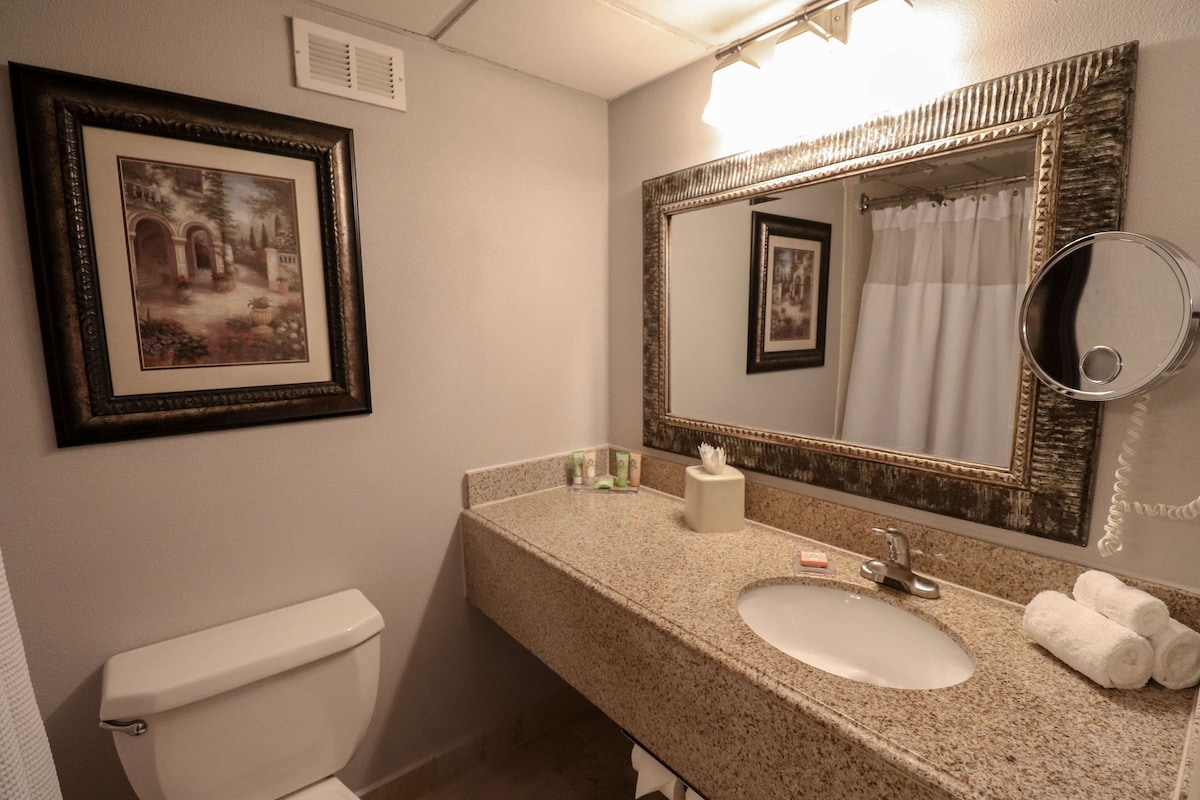 Een badkamer met toilet, wastafel en een grote spiegel. Er hangt een geborduurd schilderij aan de muur en een handdoekrek met handdoeken.