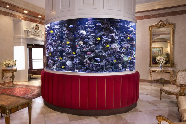 A large aquarium in a lobby with a red base, surrounded by elegant furniture and a marble floor. - The Kimberly Hotel (New York)