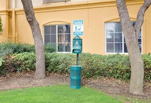 A green trash can with a pet waste sign and a recycling bin in front of a building with yellow walls and large windows.