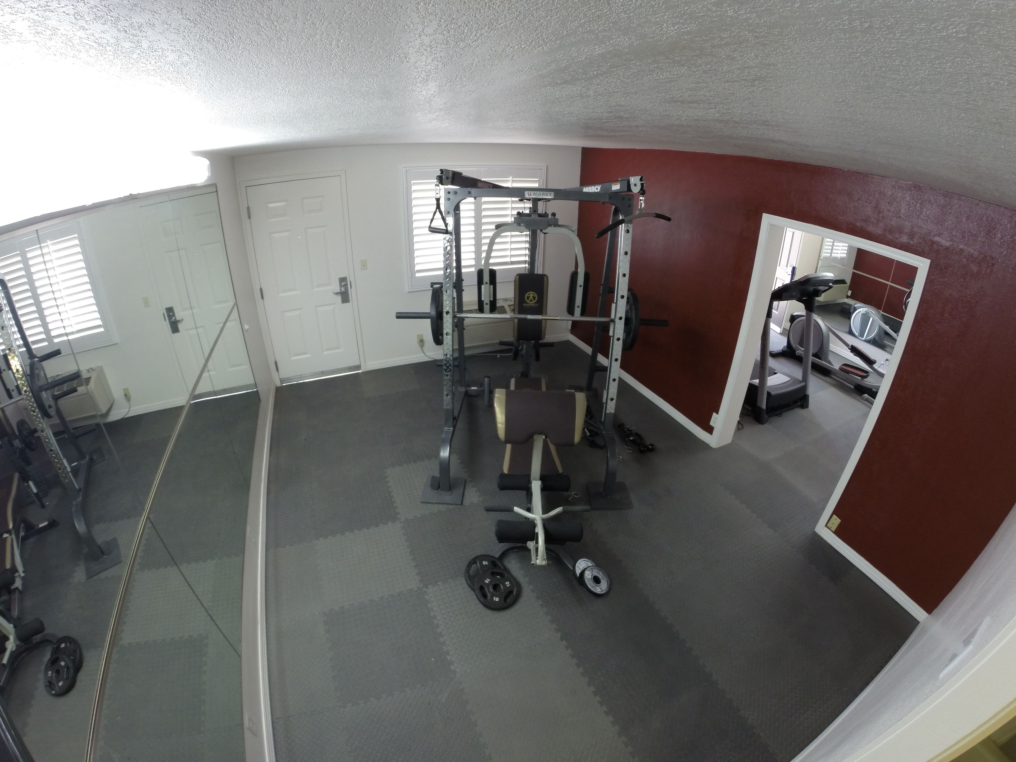 Une salle de sport équipée d’un support à squats, d’un banc de développé couché et de divers disques de poids.