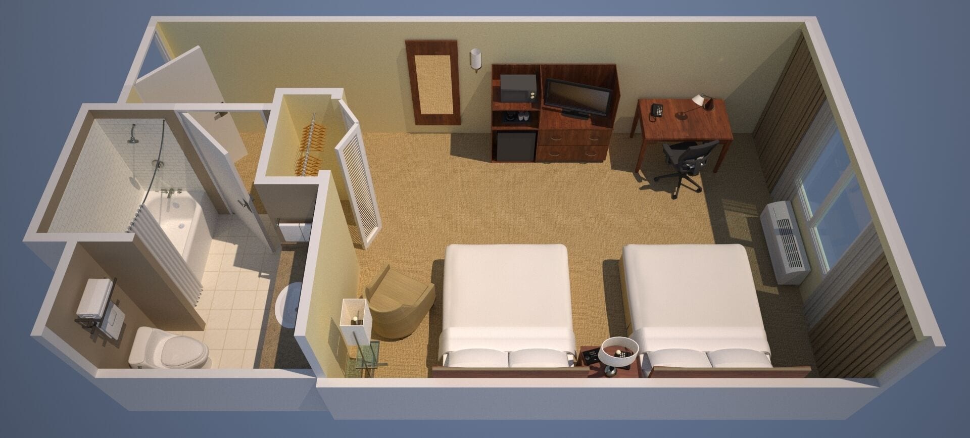 room, 2 double beds | floor plan