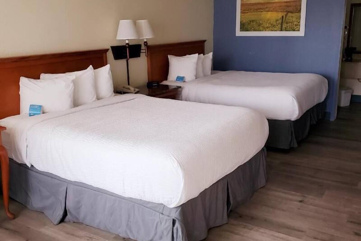 Ropa de cama de alta calidad y espacio para trabajar con laptop