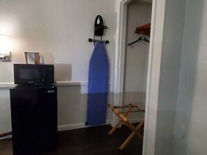 Down comforters, desk, laptop workspace, blackout drapes