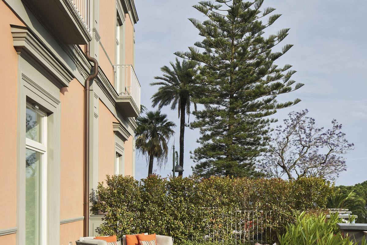 A courtyard with outdoor seating, including a sofa and chairs, surrounded by greenery and a tall tree.