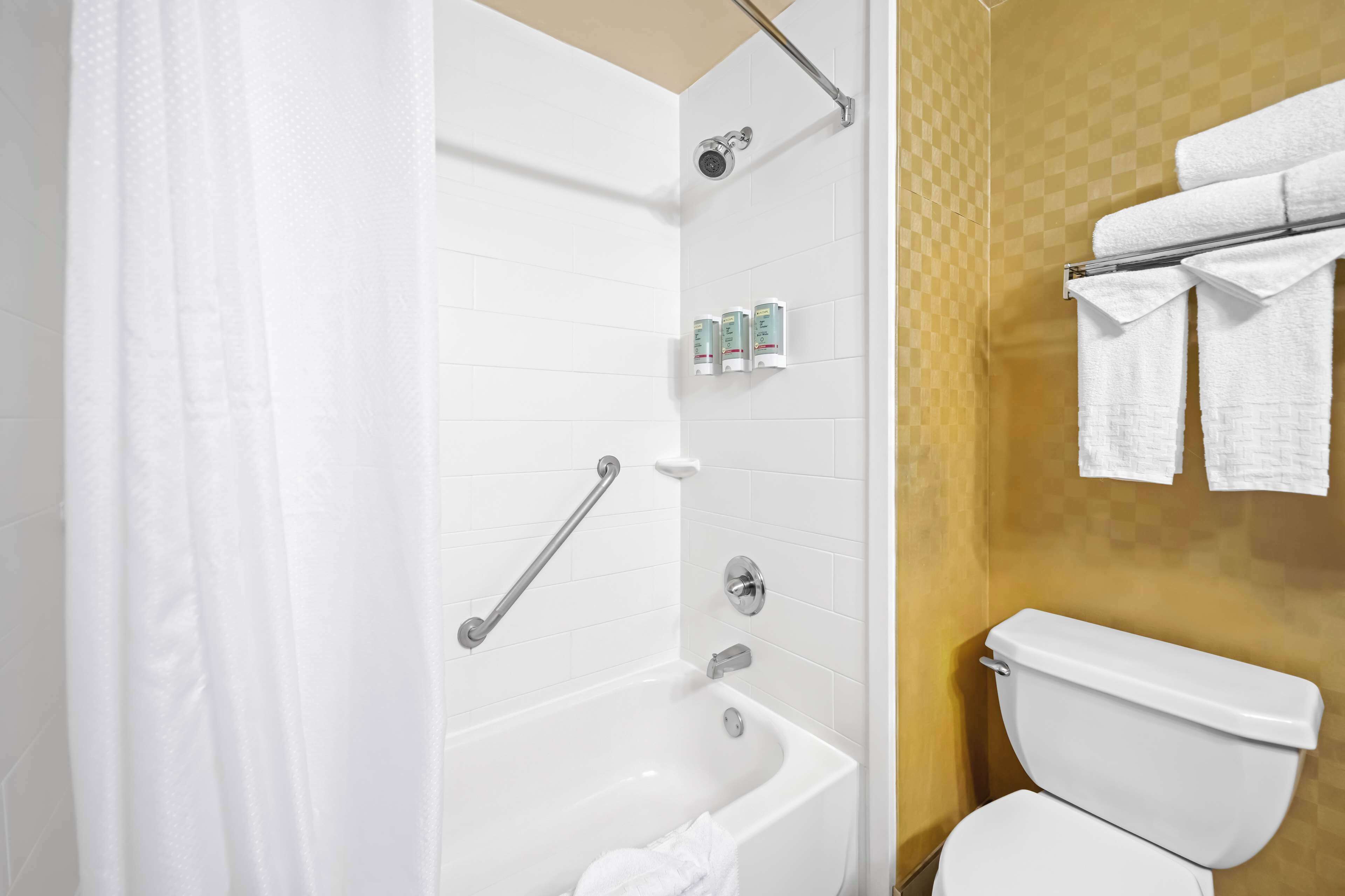 Een badkamer met bad, toilet en douche.