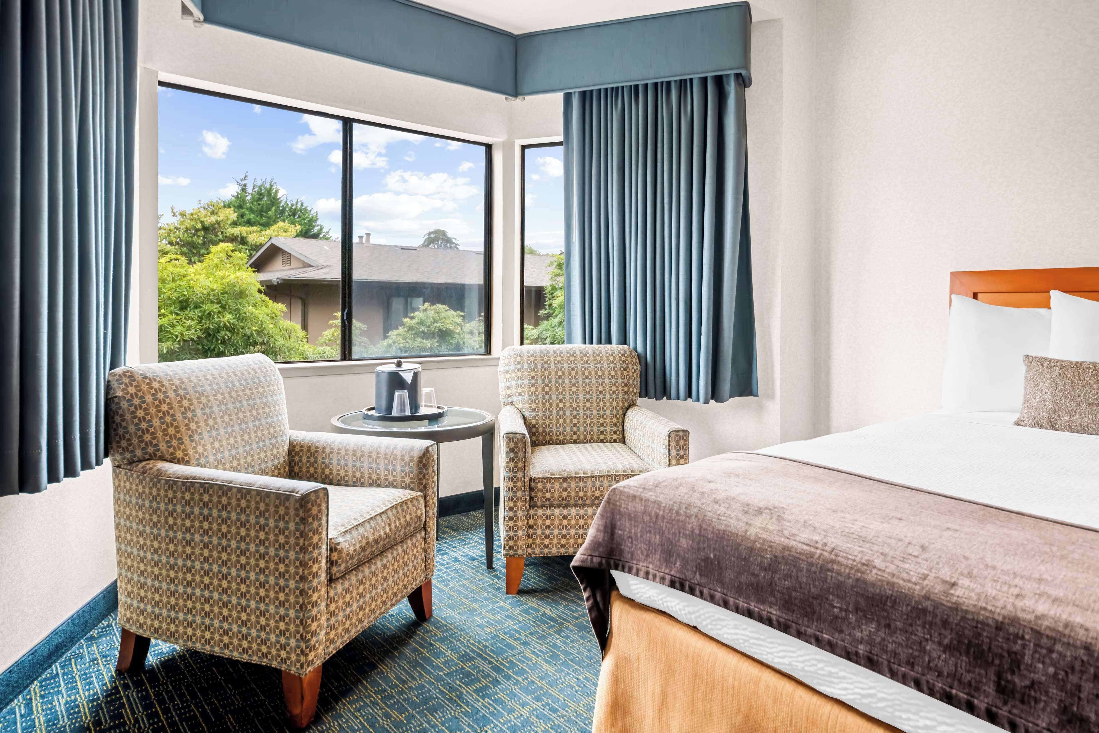 Habitación de hotel con una cama grande, dos sillones estampados, una mesita redonda y vistas a zonas verdes.