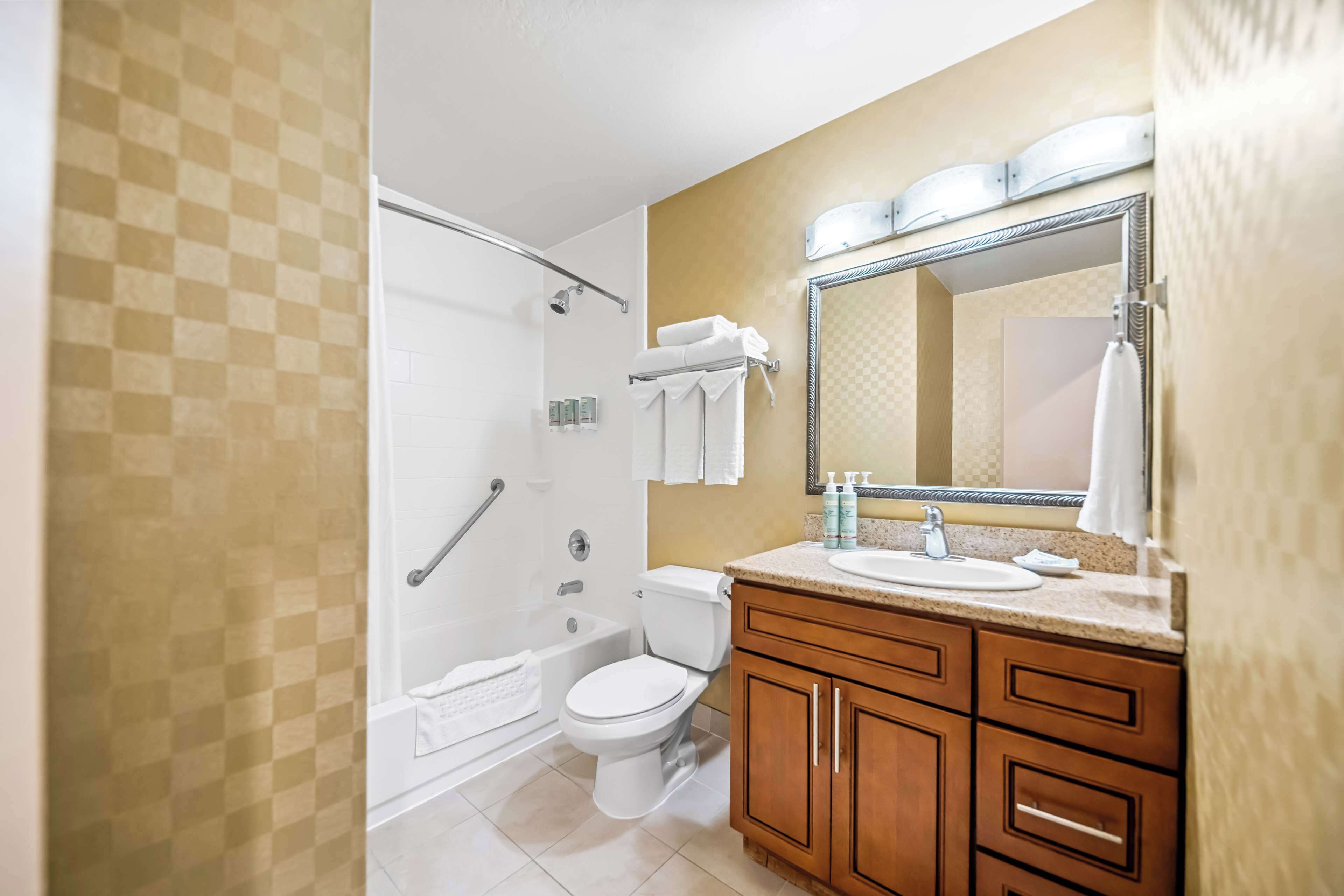 Une salle de bain équipée d’une douche, de toilettes, d’un meuble-lavabo et d’un grand miroir.