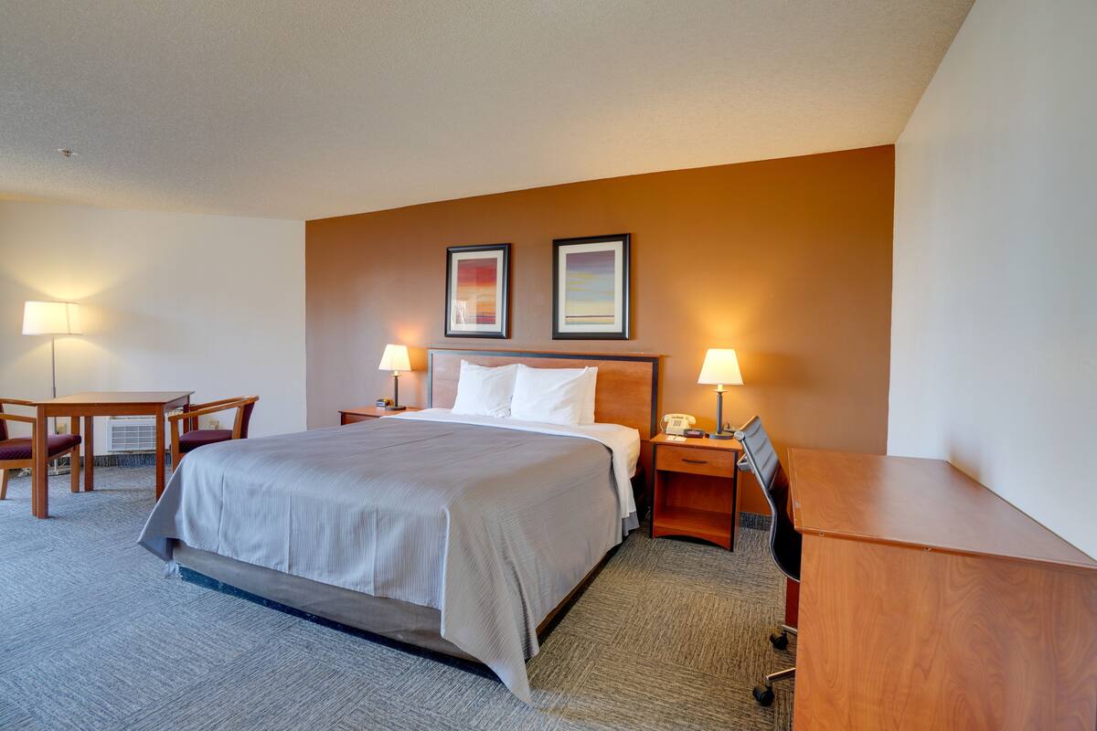 Une chambre d’hôtel comprenant un lit, deux tables de chevet avec des lampes, un bureau et deux chaises.