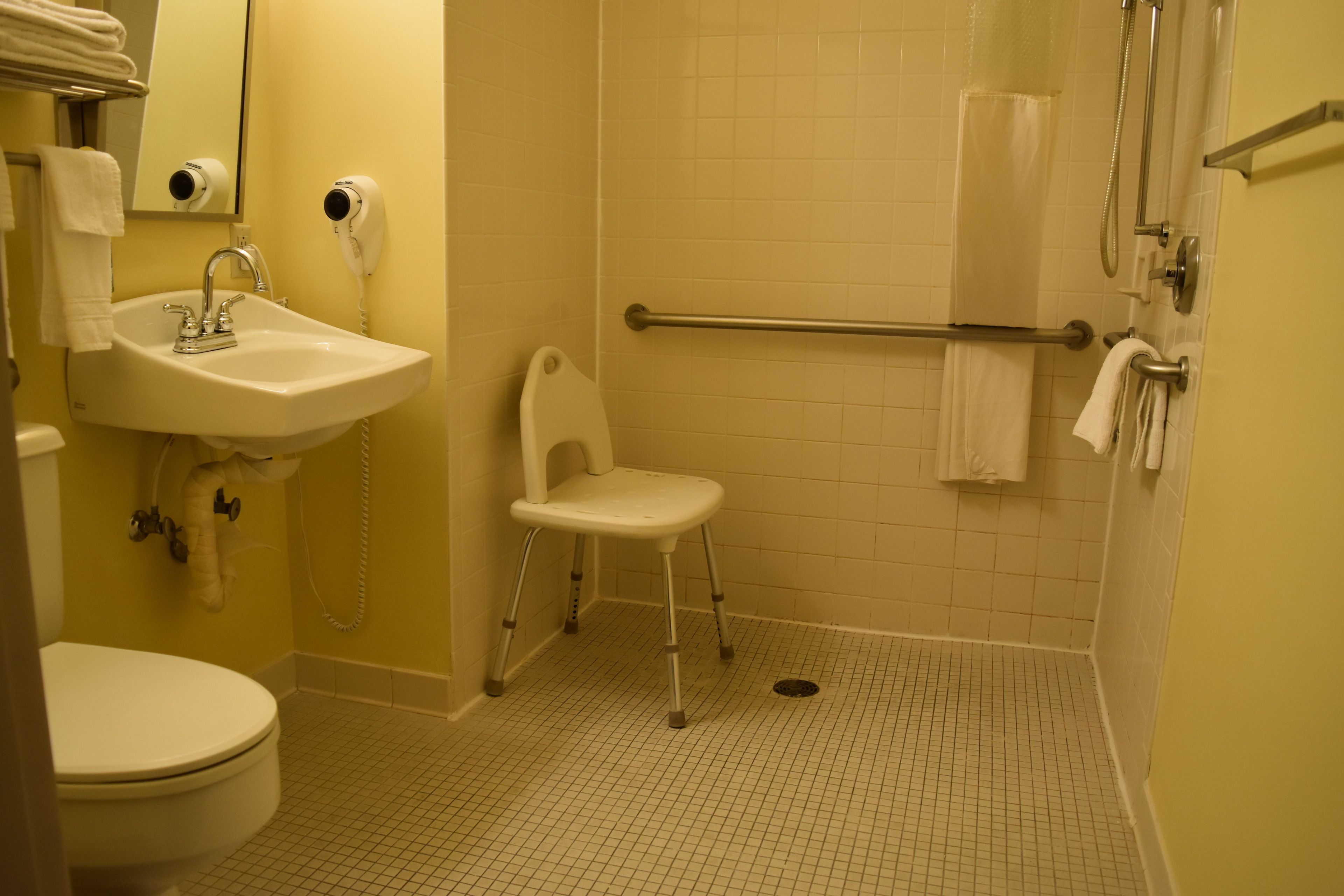 Ein Badezimmer mit Waschbecken, Toilette und einem rollstuhlgerechten Duschbereich.