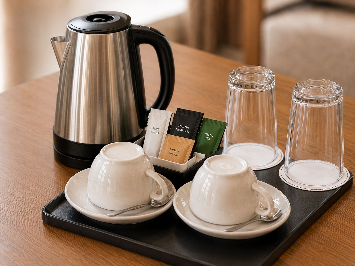 Una bandeja con un hervidor de acero inoxidable, dos tazas blancas con platillos, dos vasos de vidrio y una caja con bolsitas de té y azúcar.