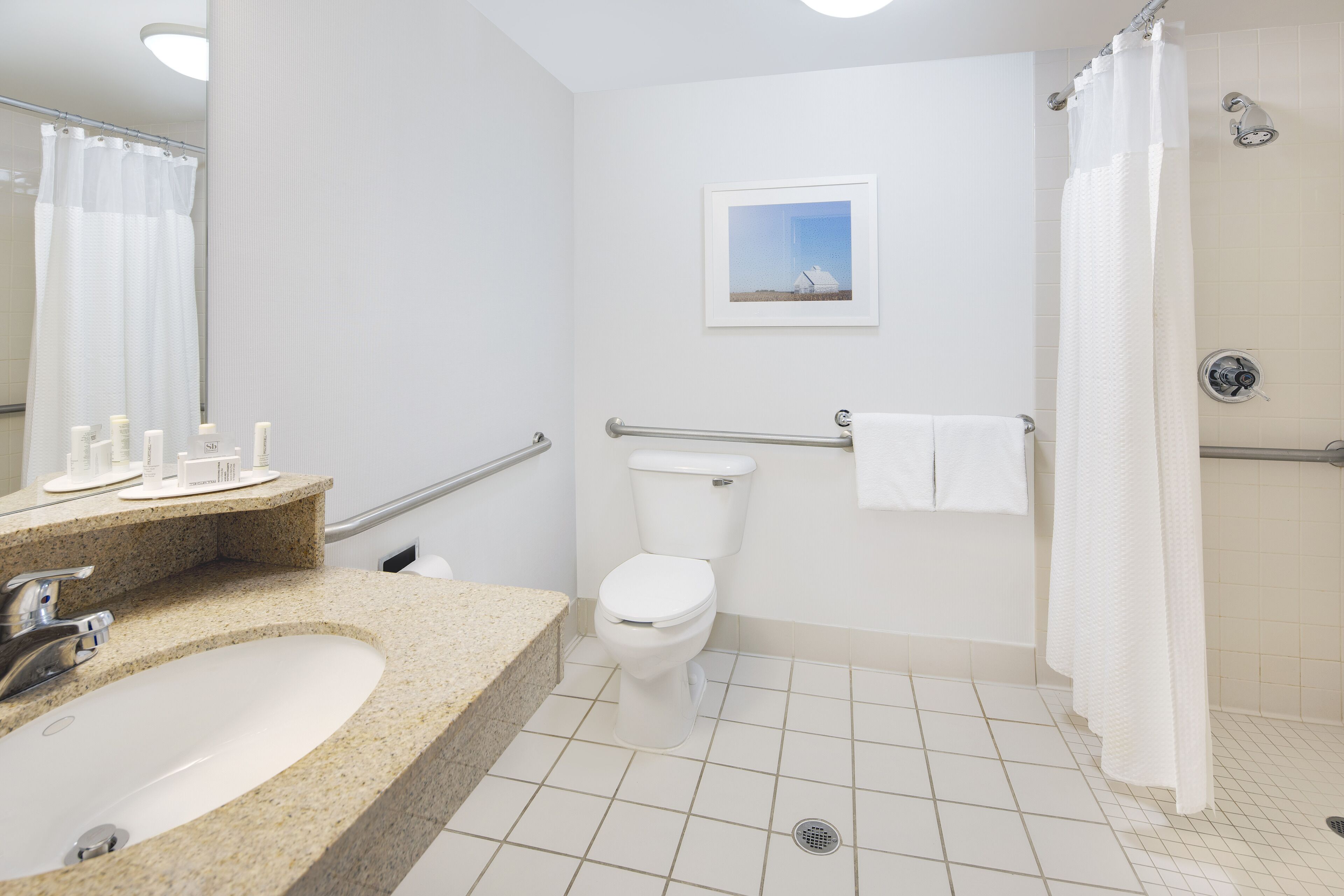 combined shower/bathtub, free toiletries, hair dryer, towels