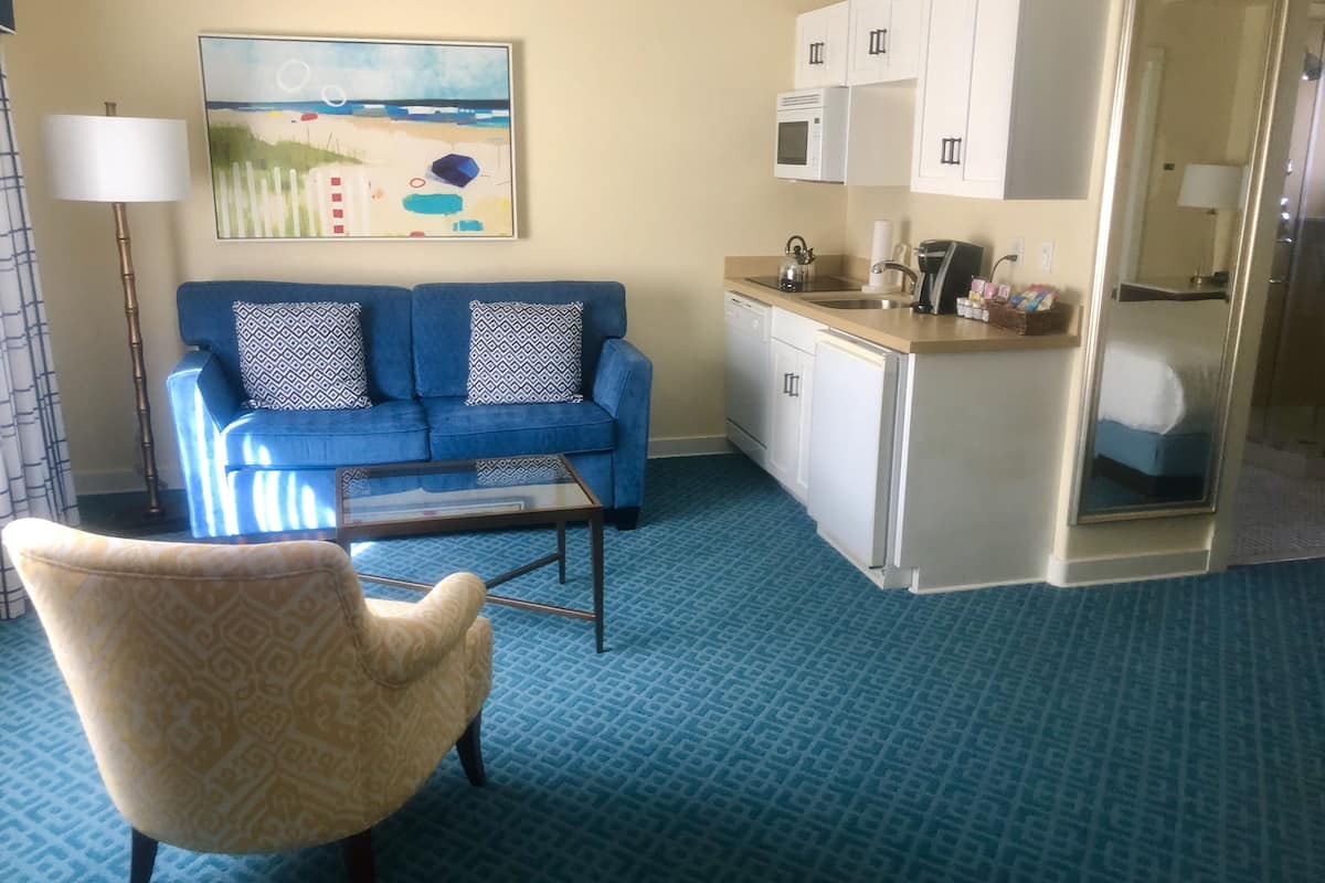 suite, 1 king bed with sofa bed, garden view | living area | 49-inch flat-screen tv with cable channels, tv, ipod dock