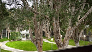 A gazebo surrounded by trees on a well-maintained lawn.