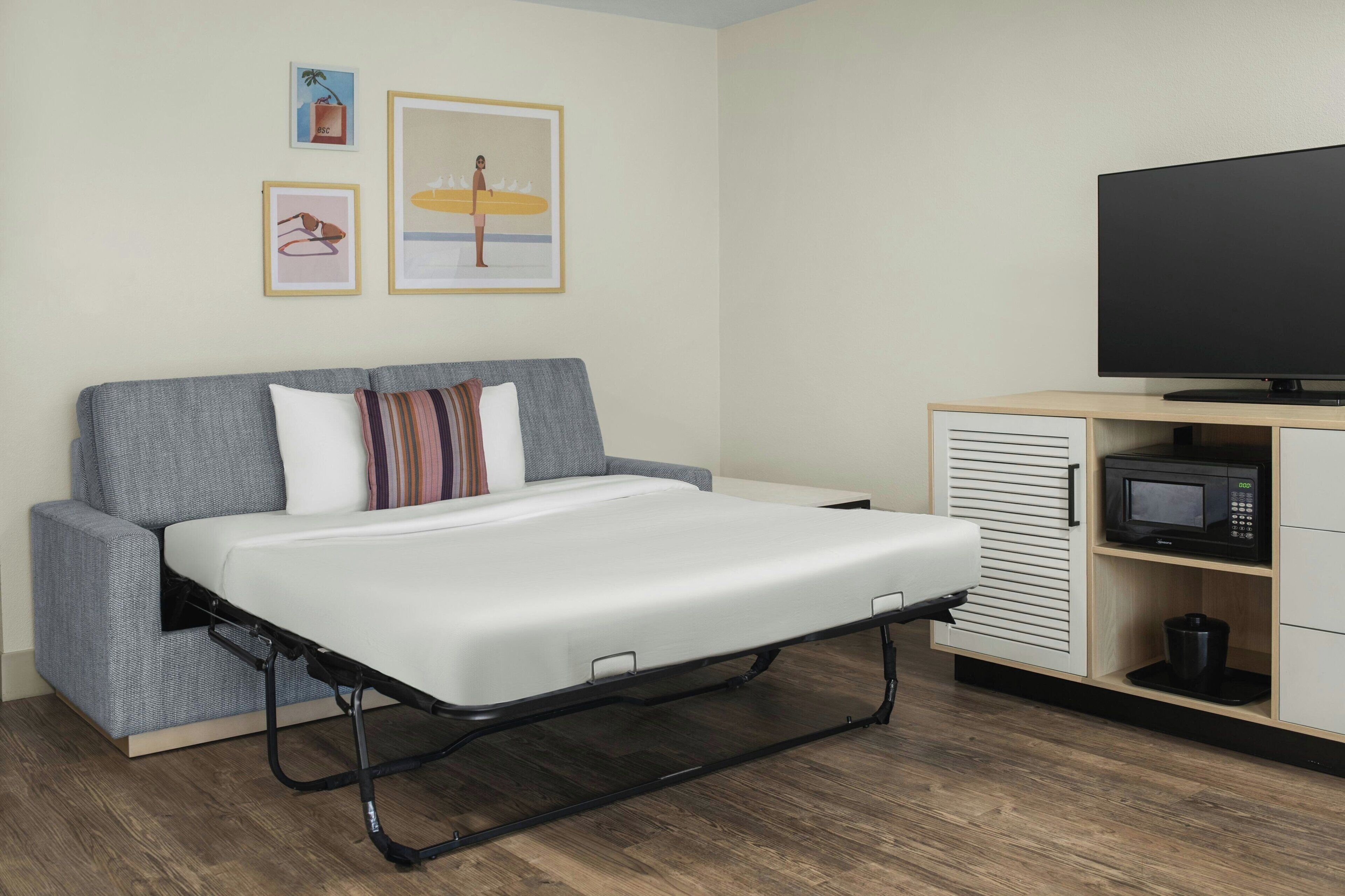 Une pièce compacte comprenant un canapé-lit, un téléviseur à écran plat, un four à micro-ondes et un petit meuble de rangement.