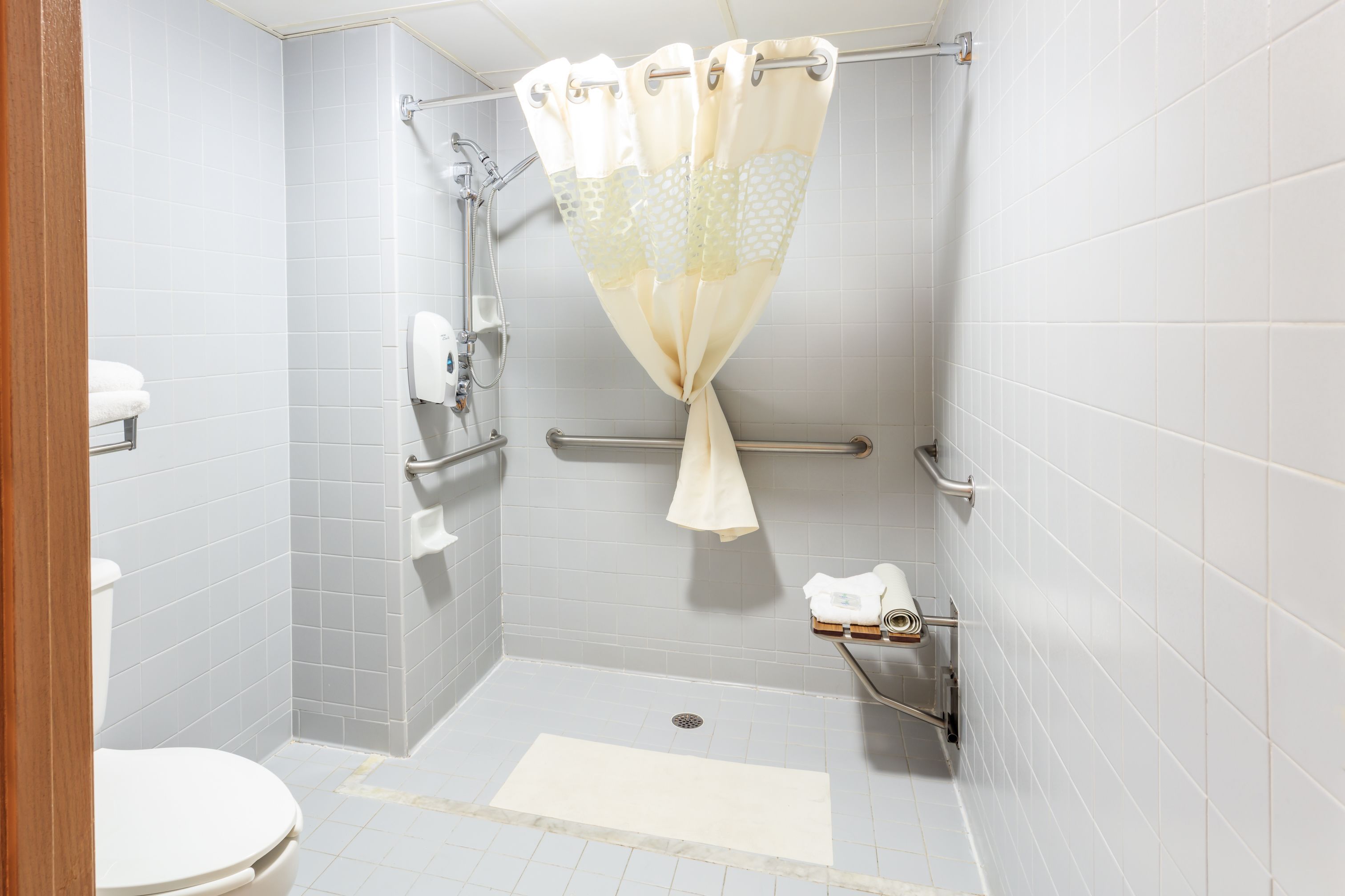 A wheelchair-accessible shower with a grab bar, a handheld showerhead, and a towel rack.