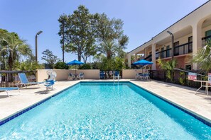 Outdoor pool, open 8 AM to 8:00 PM, pool umbrellas