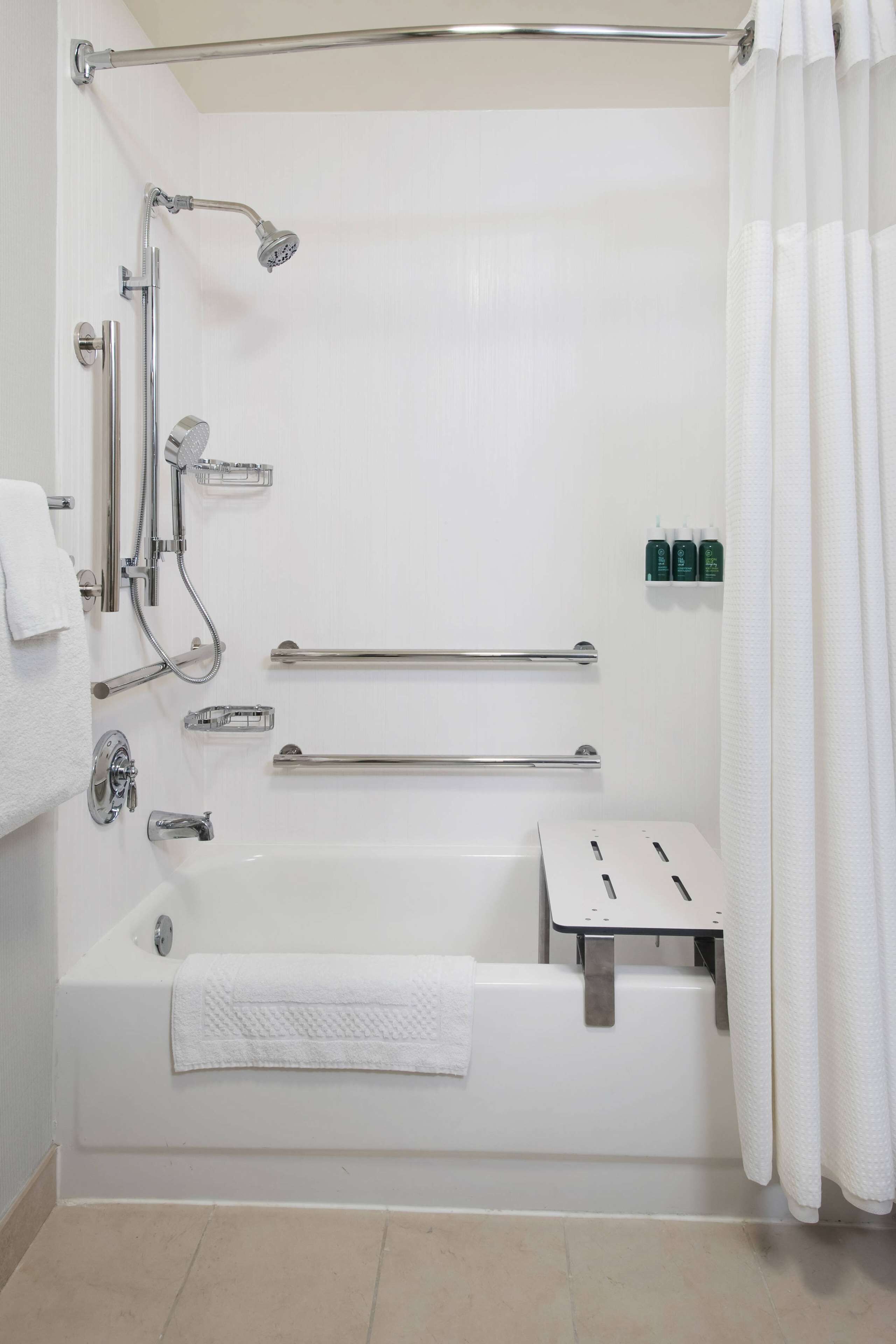 combined shower/bathtub, free toiletries, hair dryer, towels