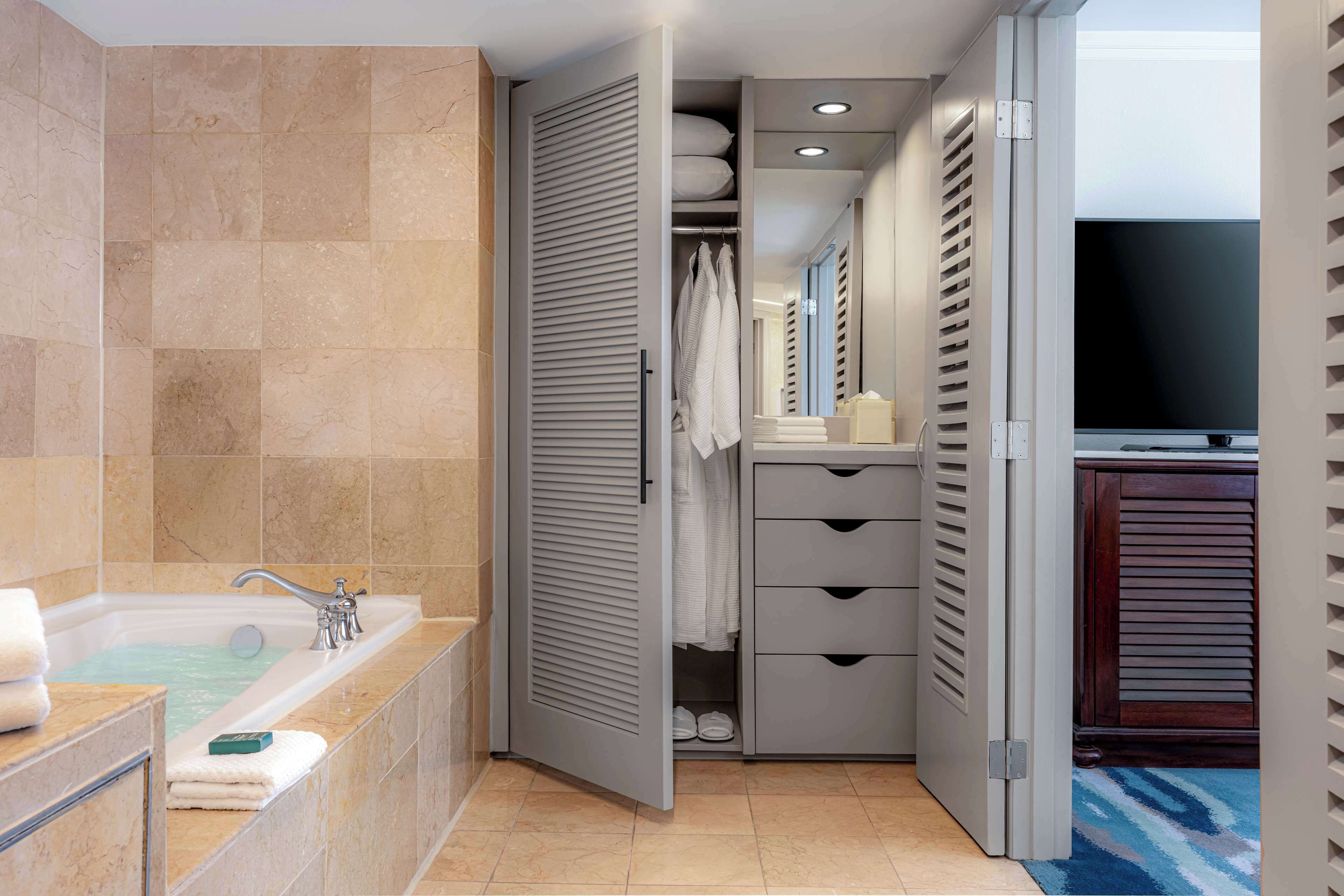 A modern bathroom with a bathtub, a walk-in closet, and a television.
