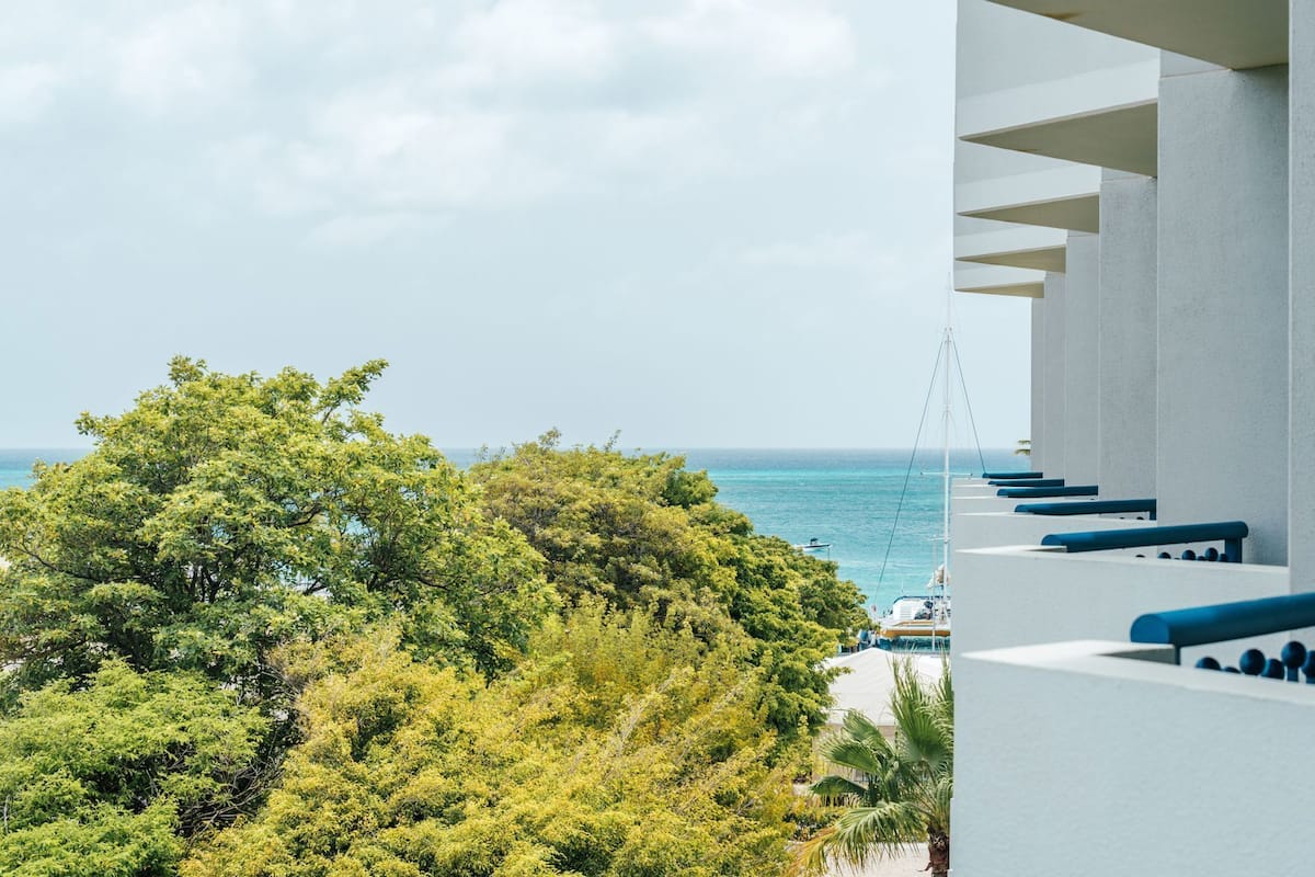 A balcony with a view of the sea and trees.
