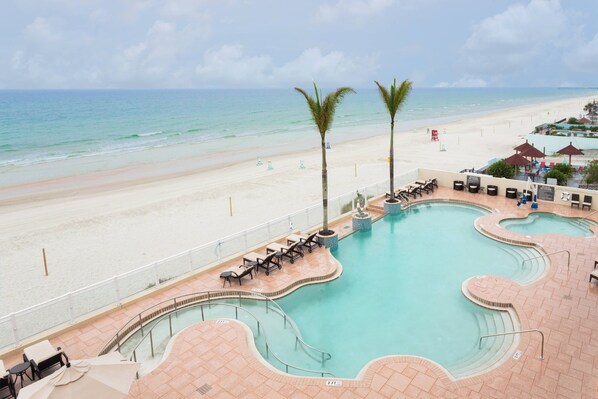Outdoor pool, pool umbrellas, pool loungers