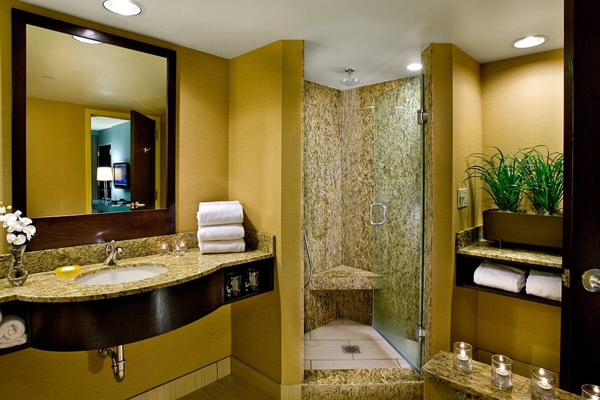 Ein modernes Badezimmer mit einer Granit-Arbeitsplatte, einem großen Spiegel, einer Dusche mit Glastür und einer Topfpflanze.