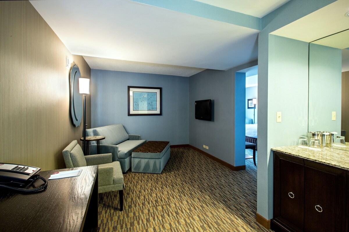 A hotel room with a desk, a chair, a sofa, a small table, a TV, a large mirror, and a carpeted floor.