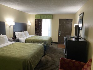 Desk, laptop workspace, blackout drapes, iron/ironing board