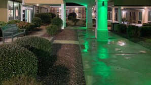 Un espacio exterior techado con un banco y follaje, iluminado con luces verdes.