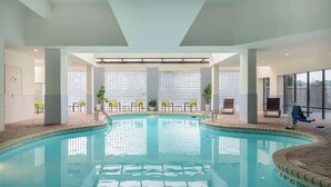 An indoor swimming pool with clear water, surrounded by chairs and potted plants, with a tiled wall and large windows in the background. - Embassy Suites Hotel Charlotte (Charlotte)
